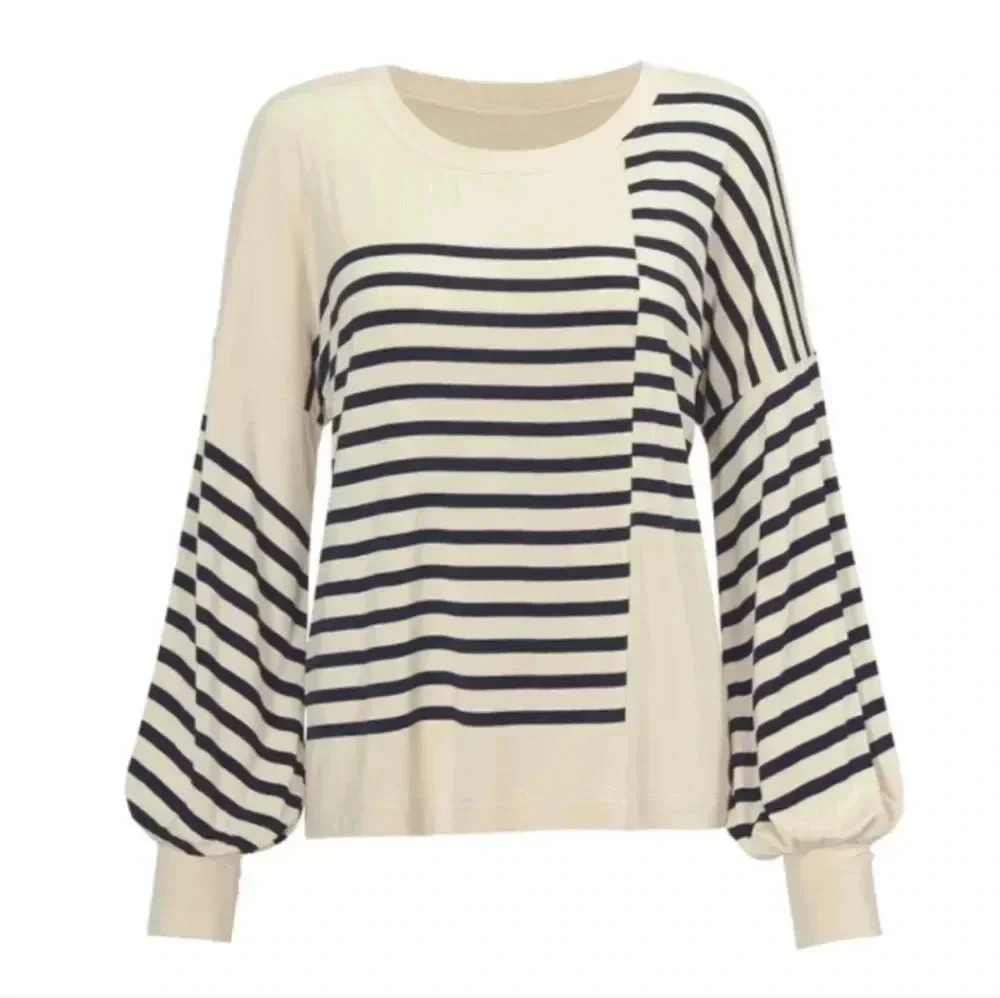 Cabi Box Striped Asymmetrical Navy Stripes Bell Sleeve Oversized Blouse(S)